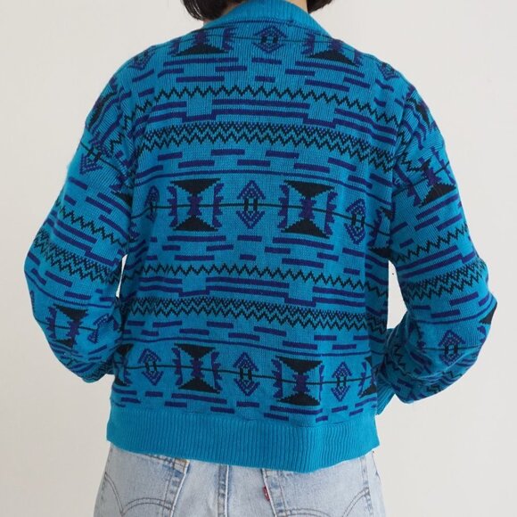 Vintage Wrangler Blue Knit Aztec Print Crewneck Sweater S - Picture 3 of 10